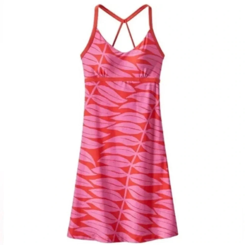 PATAGONIA SUNDOWN CORAL PINK SALLY DRESS EUCALYPTUS FRONDS Criss Cross Shelf Bra